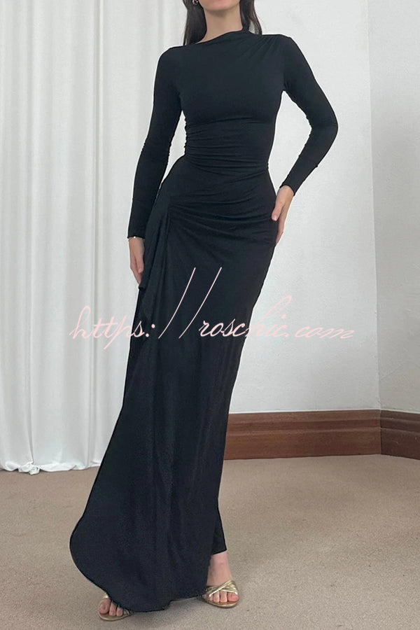 Venus Long Sleeve Ruched Side Slit Drape Ruffles Back Lace-up Stretch Maxi Dress