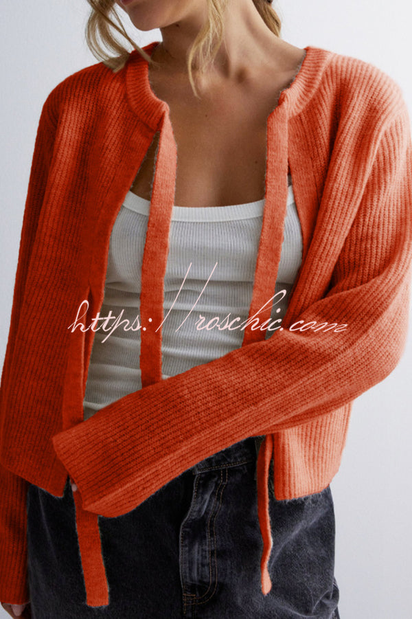 Solid Color Loose Long Sleeve Lace-up Knitted Cardigan