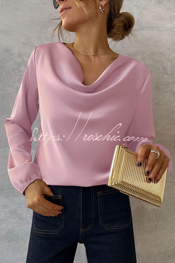 Simple and Beautiful Satin Cowl Drape Neck Long Sleeved Shirt