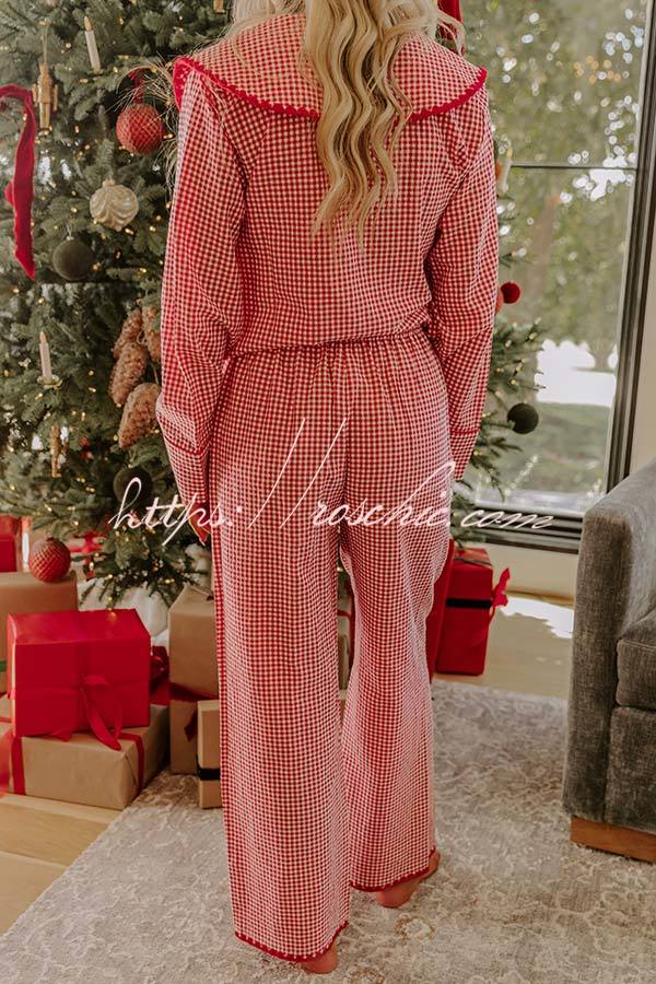 Nutcracker Charm Embroidered Gingham Loose Shirt and Elastic Waist Pajama Set