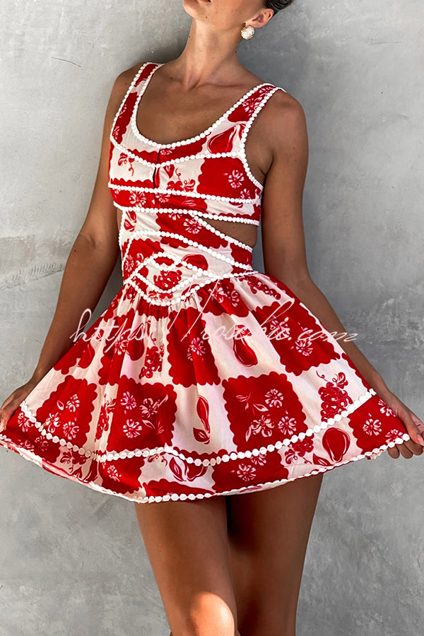 Holiday Colors Ric Rac Trims Unique Print Cutout Round Neck Mini Dress