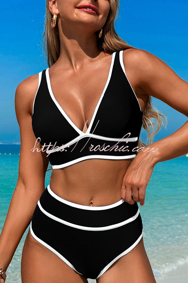 Solid Color Contrast High Waist Stretch Bikini Swimsuit