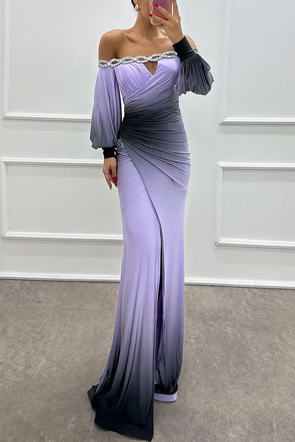 off shoulder boat neck dress Nye Outfits Gradient Print Off Shoulder Slit Mermaid Hem Long Prom Formal Evening Party Wedding Ruched Bodycon Maxi Dresses(Purple/XL)