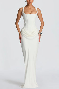 slim fit dress slacks Larrah Square Neck Back Lace-Up Satin Drape Hem Maxi Dress, White / M