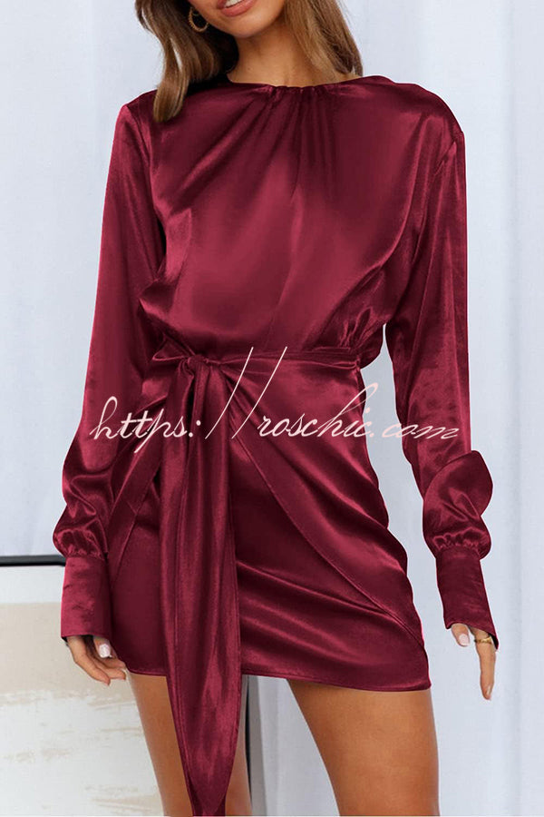 Satin Round Neck Long Sleeve Elastic Tie Mini Dress