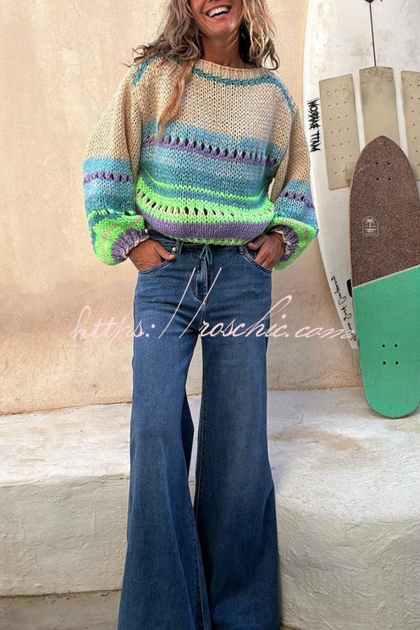 Rainbow Mood Multicolor Round Neck Hollow Long Sleeve Knitted Sweater