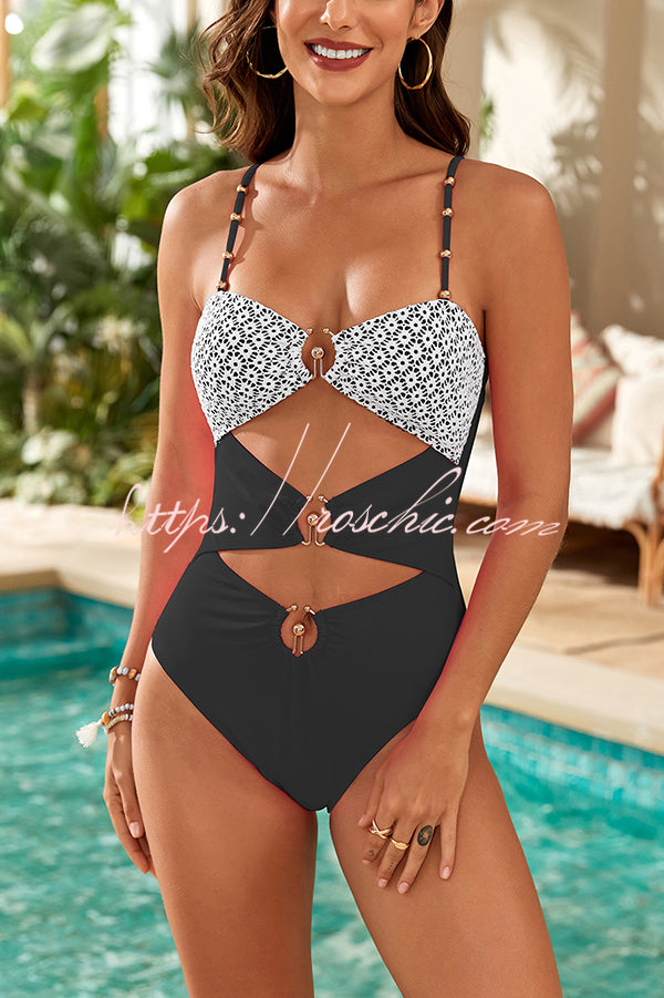 Fashionable Splicing Spaghetti Strap Metal Buckle One-piece Bikini Swimsuit