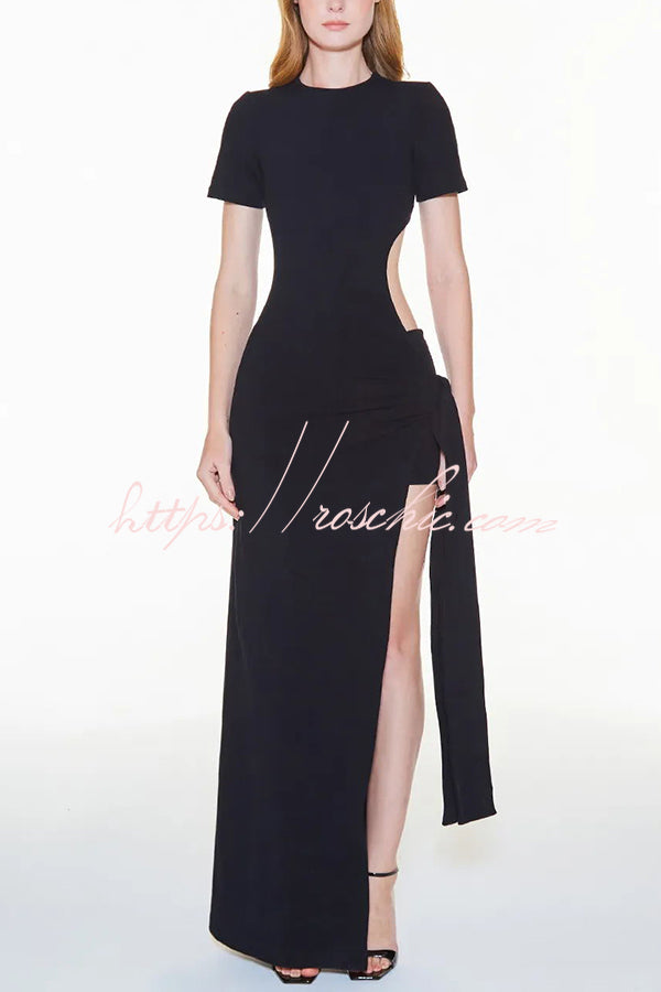 Holiday Party Ribbed Knit Cutout Waist Straps Slit Maxi Dress