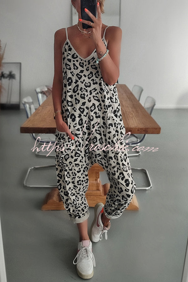 Kind and Casual Leopard Pocketed Relaxed Strap Jumpsuit