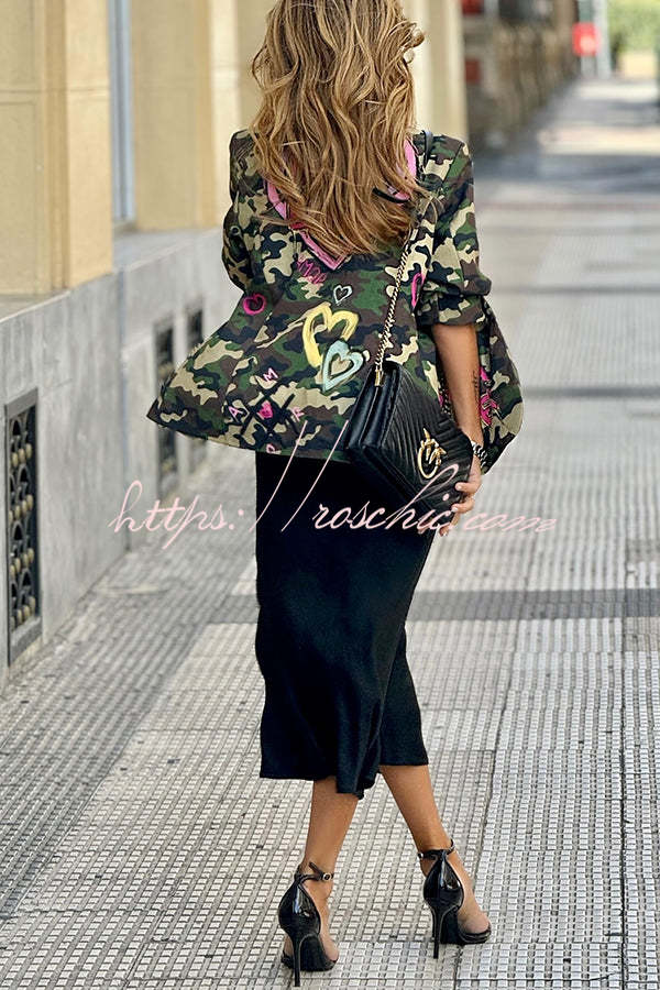 Be A Lover Camouflage Heart Graffiti Detail Lapel Loose Blazer Jacket