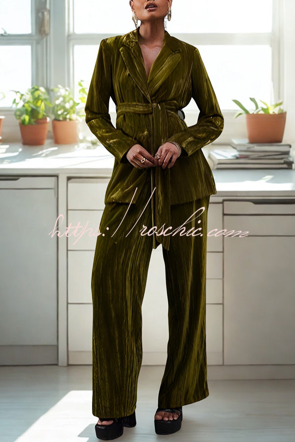 Solid Color Velvet Long-sleeved Waist Tie Top and Elastic Waist Casual Pocket Straight-leg Pants Set