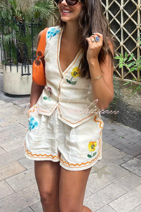 Summer Flower Printed Linen Blend Button Vest and Elastic Waist Pocketed Shorts Set