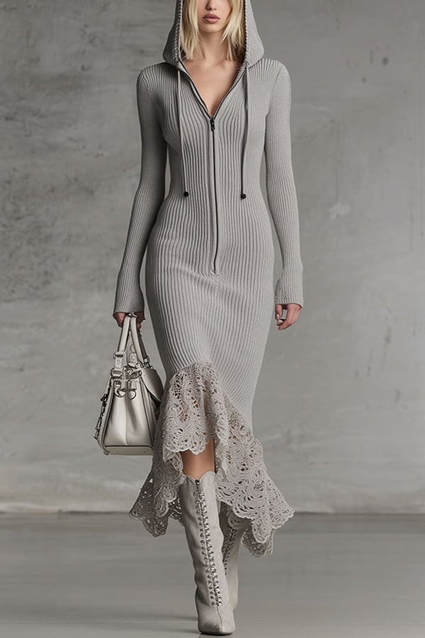 Solid Color Hooded Zip-up Long-sleeved Slim-fit Lace Hem Midi Dress –  roschic