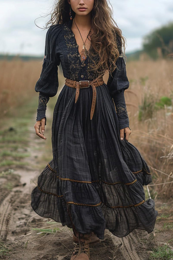 Unique Print V-Neck Long Sleeve Casual Vacation Maxi Dress – roschic