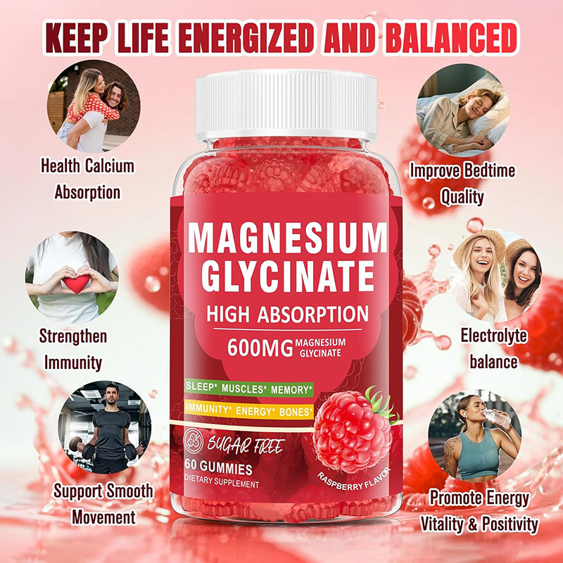 Magnesium Glycinate Gummies 600mg, Zzz & Relaxation, High Absorption, Raspberry Flavor, 60 Count, Supports Muscles, Bones & Energy, Vegan, Sugar Free