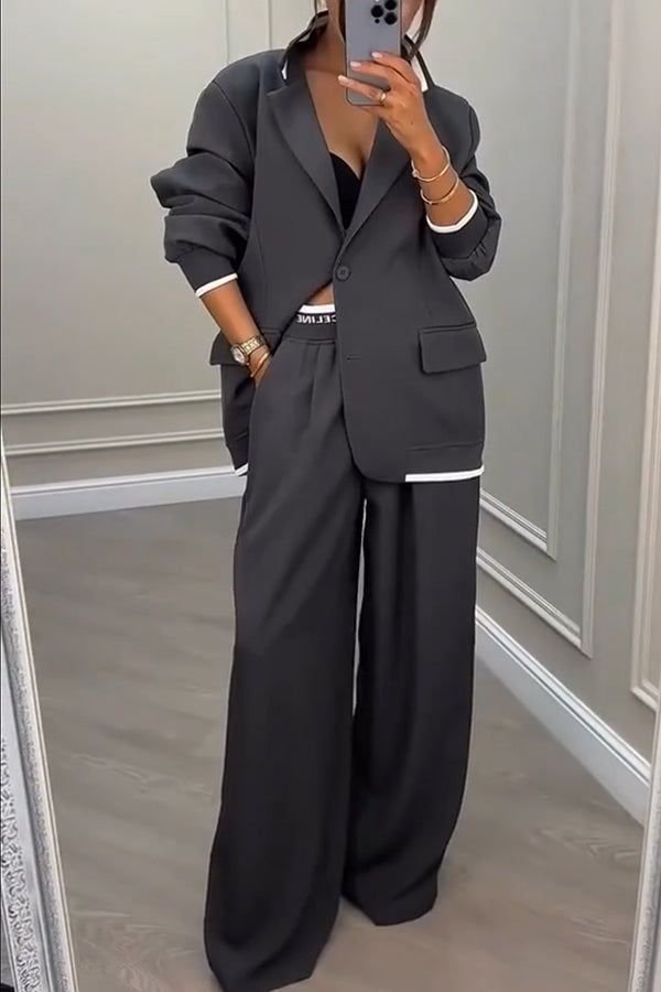 Fashion Sports Style Ribbed Colorblock Lapel Blazer and Elastic Waist Pocket Loose Pants Set