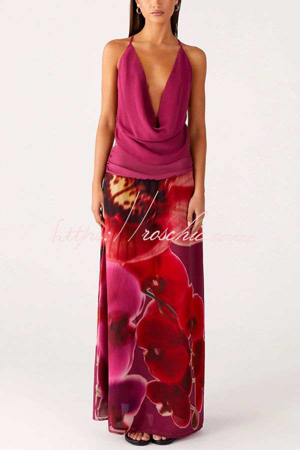 Sexy Deep V Backless Draped Camisole Top and Floral Print Chiffon Maxi Skirt Set