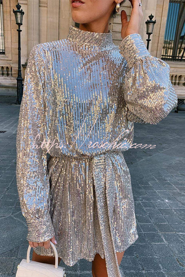 Fashionable Sequined Long-sleeved Belted Casual Mini Dress