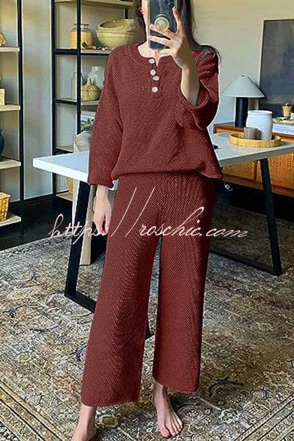 Heather Hailey Solid Color Casual Button V Neck Top and Pant Two Piece Set