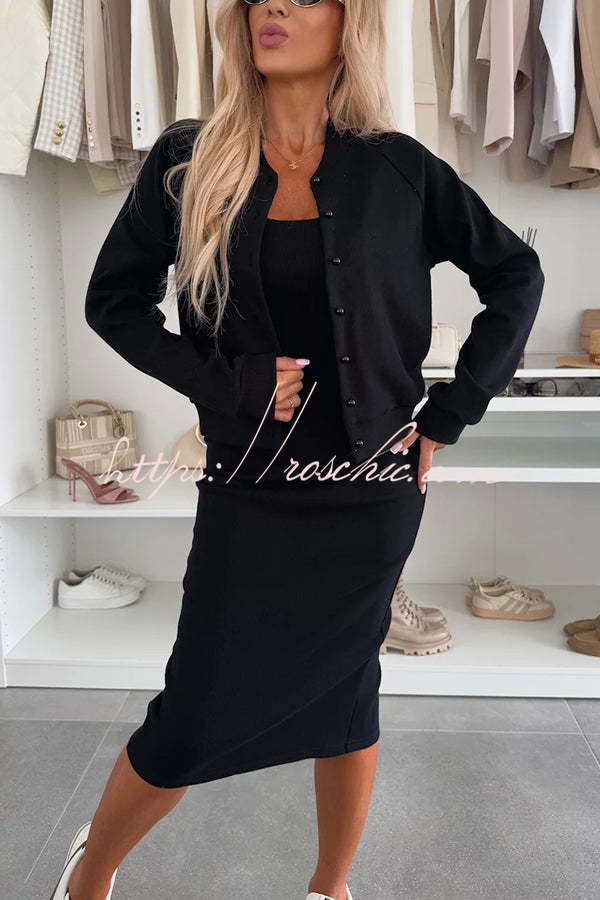 Comfort and Femininity Knit Ribbed Button Up Long Sleeve Bomber Jacket
