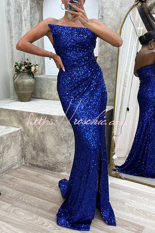 Royal Blue Ruched Sides Slit Maxi Dress