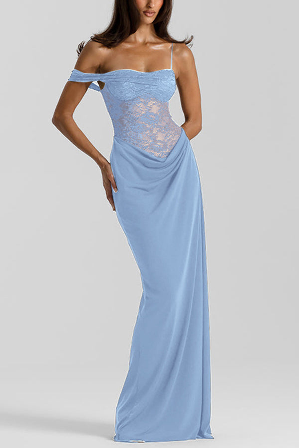 Sexy See-Through Lace Suspender Slim Slit Maxi Dress