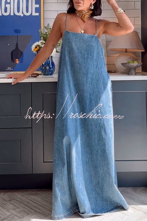 Tenaya Denim Back Elastic A-line Loose Slip Maxi Dress