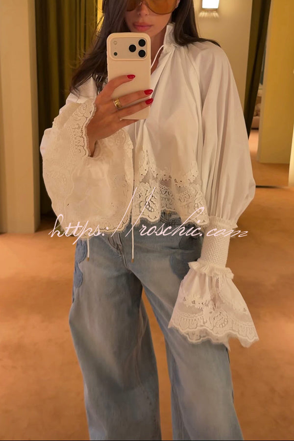 Court Style Lace Trim Stand Neck Balloon Sleeve Cape Blouse – roschic