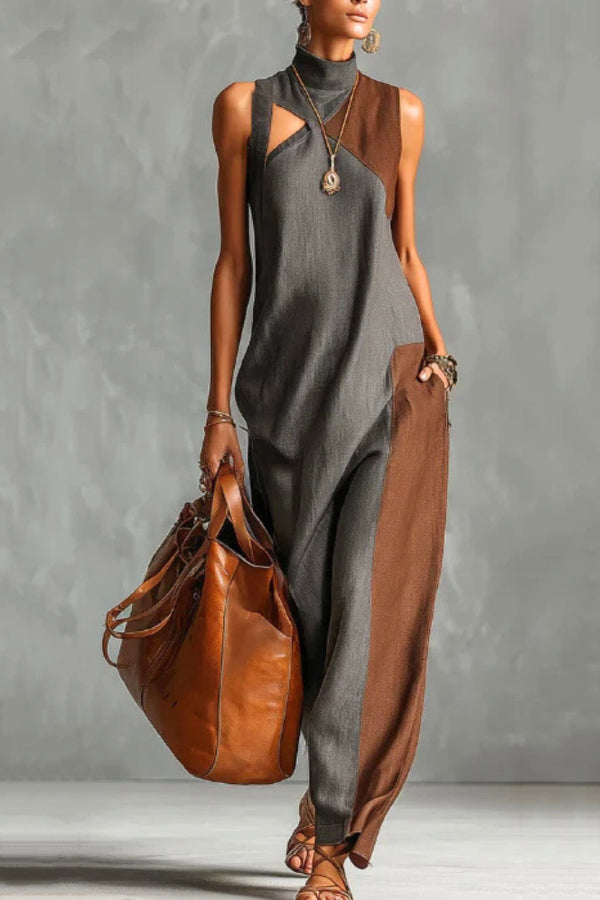Stylish Color-blocked High-neck Sleeveless Casual Pocket Maxi Dress