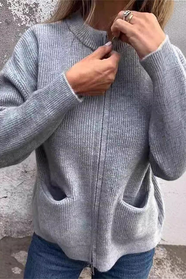 Solid Color Long Sleeve Zipper Pocket Casual Knitted Cardigan