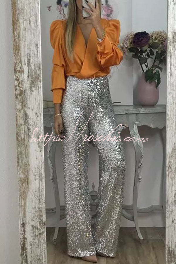 Glitzy Glamour Sequin High Rise Elastic Waist Wide Leg Pants