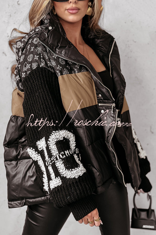 Stylish Denim Knit Long-sleeved Patchwork Hooded Pocket Thickened Jacket