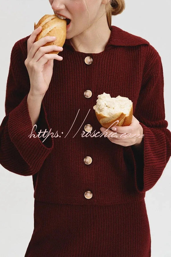 Fashion Lapel Bell Sleeve Knitted Cardigan and Casual Mini Skirt Set