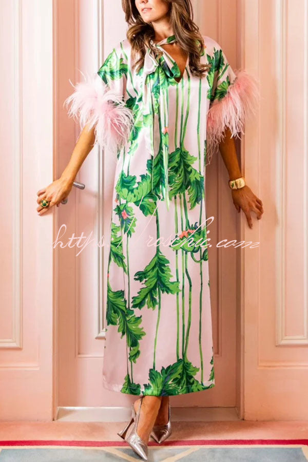 Darling Satin Botanical Print Tie-up Neck Half Sleeve Feather Trim Ca roschic Darling Satin Botanical Print Tie-up Neck Half Sleeve Feather Trim Ca roschic
