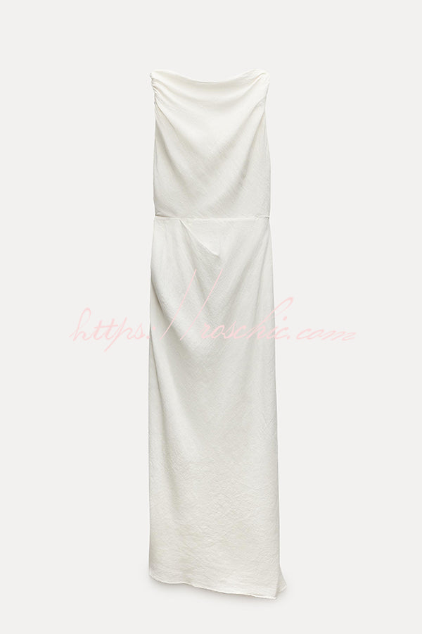 Sculptural Effect Linen Blend Twisted Shoulder Strap Drape Maxi Dress