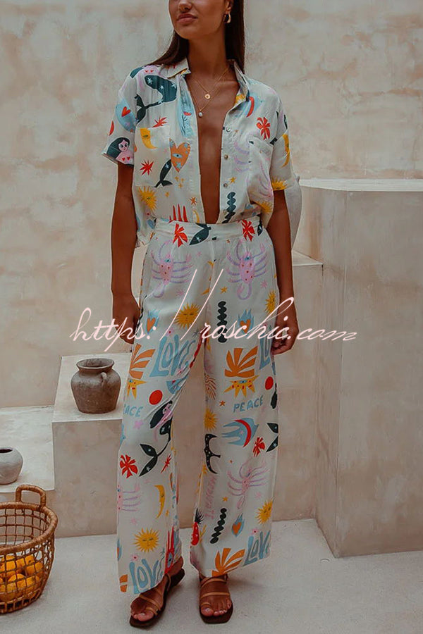 Abstract Sea Creature Print Button Pockets Elastic Waist Pant Suit