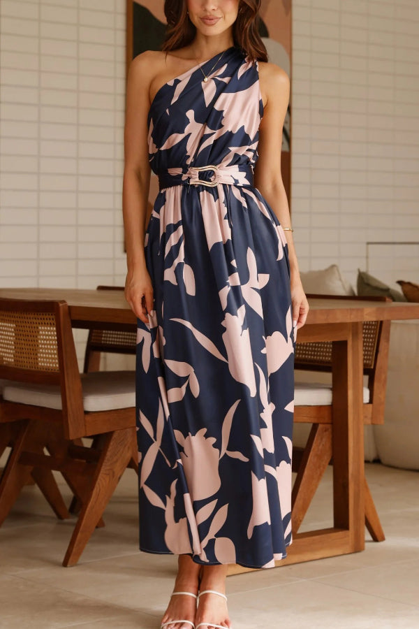 Unique Printed One-Shoulder Belt Casual Holiday Maxi Dress – roschic