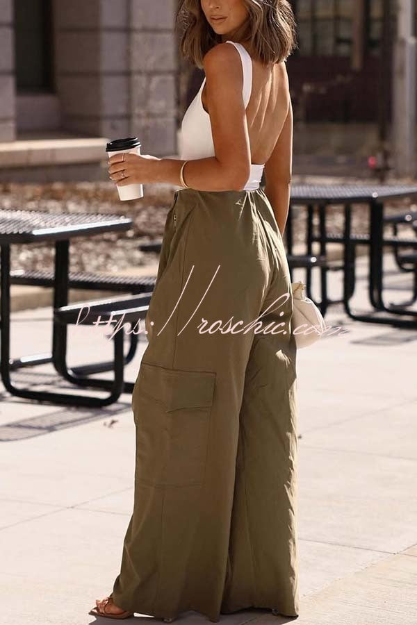 Great Week Pleated Elastic Waist Zipper Pocket Wide Leg Cargo Pants
