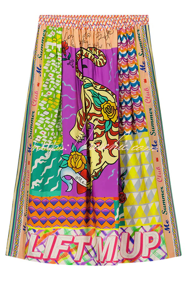 Boho Chic Satin Colorful Unique Print Elastic Waist Pocket Vacation Midi Skirt