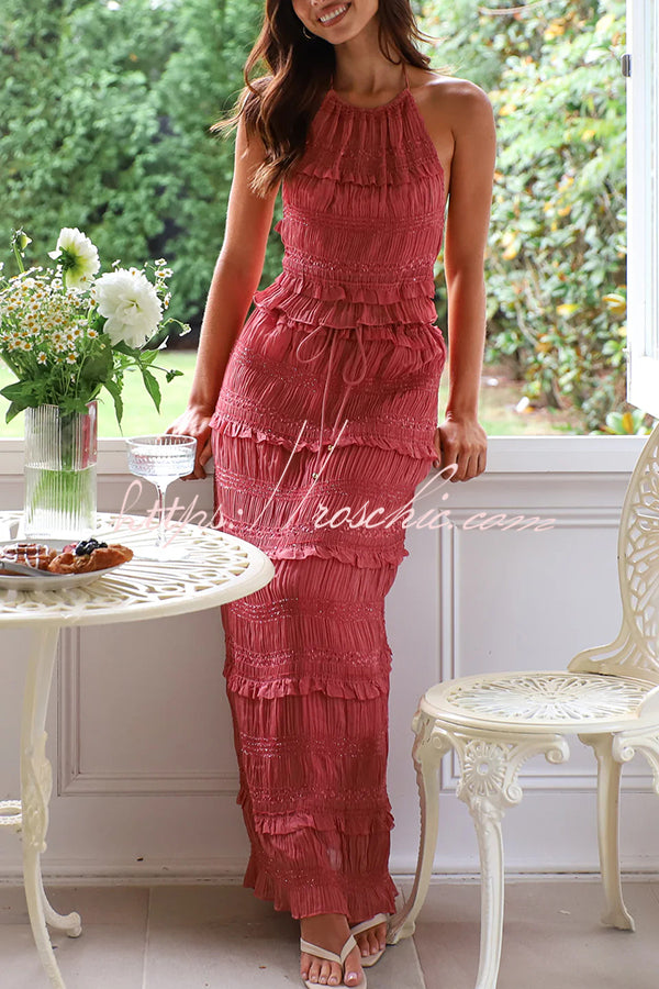 Feel Chic and Romantic Sequin Textured Material Drawstring Waist Tiered Maxi Skirt