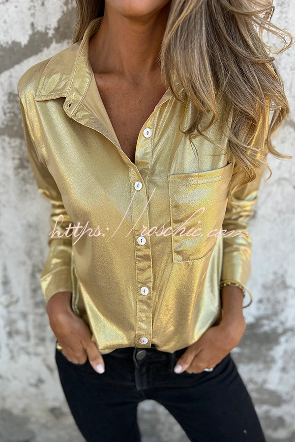 Holiday Look Solid Metallic Loose Pocket Button-down Blouse