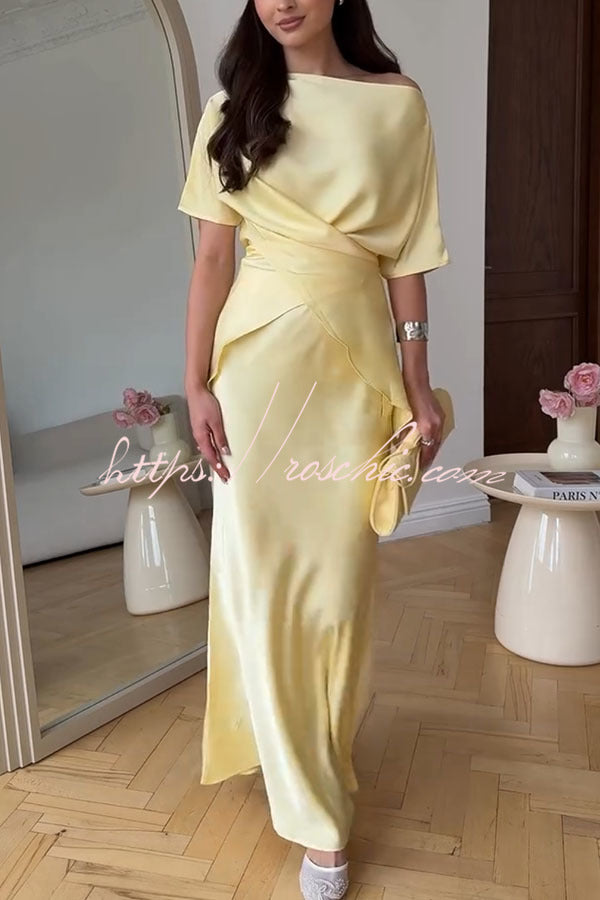 Secret of Elegance Satin Slit Back Lace-up Top and Elastic Waist Flare Maxi Skirt Set