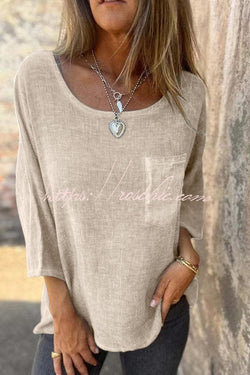 Linen Blend Casual Round Neck Pocket Loose Top