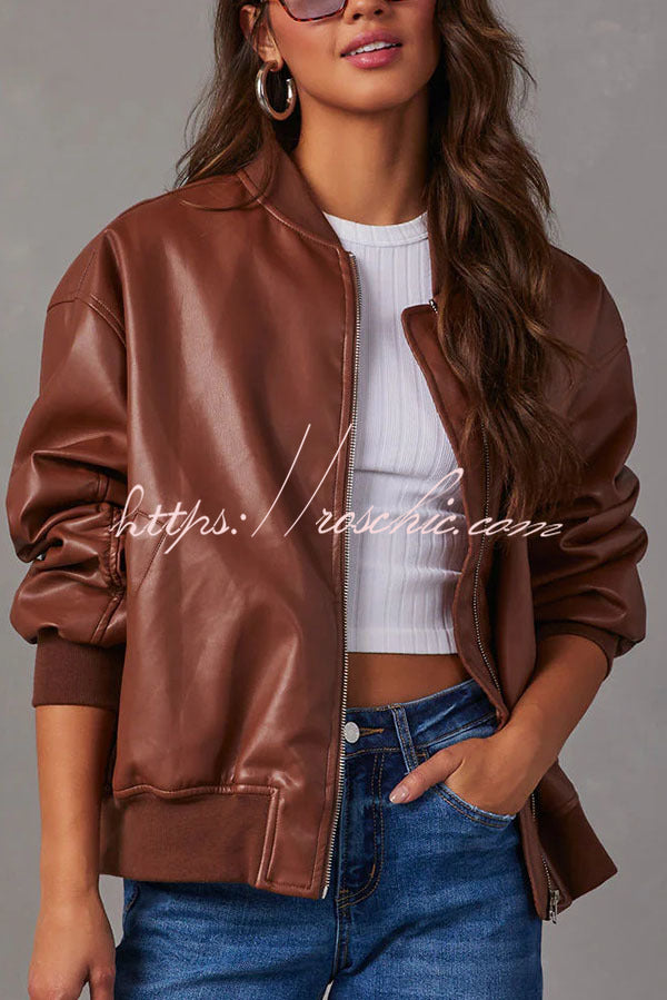 Solid Color Long Sleeve Loose Pocket Leather Jacket