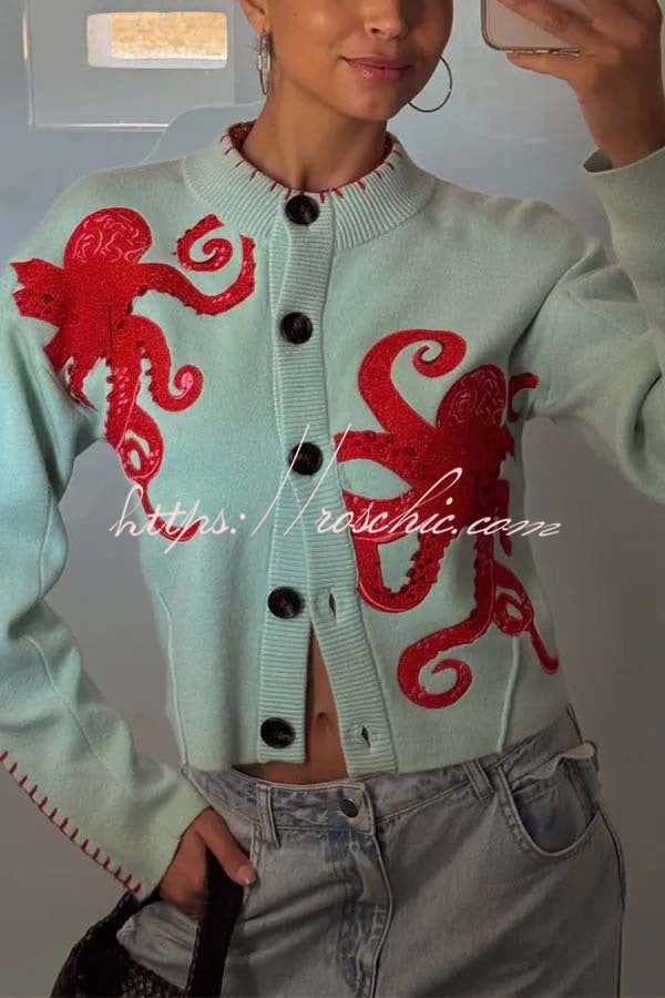 Coastal Fashion Knit Octopus Graphic Contrast Piping Button Up Loose Cardigan