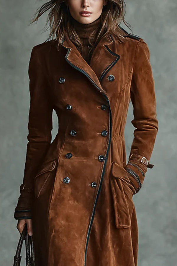 Stylish Suede Lapel Button Casual Pocket Long Trench Coat