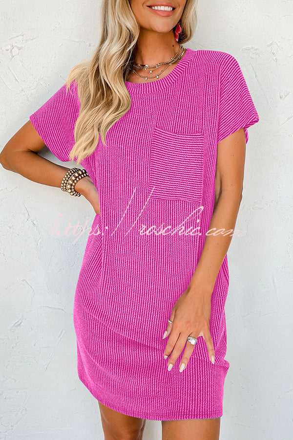 Casual Solid Color Striped Short-sleeved Pocket Mini Dress