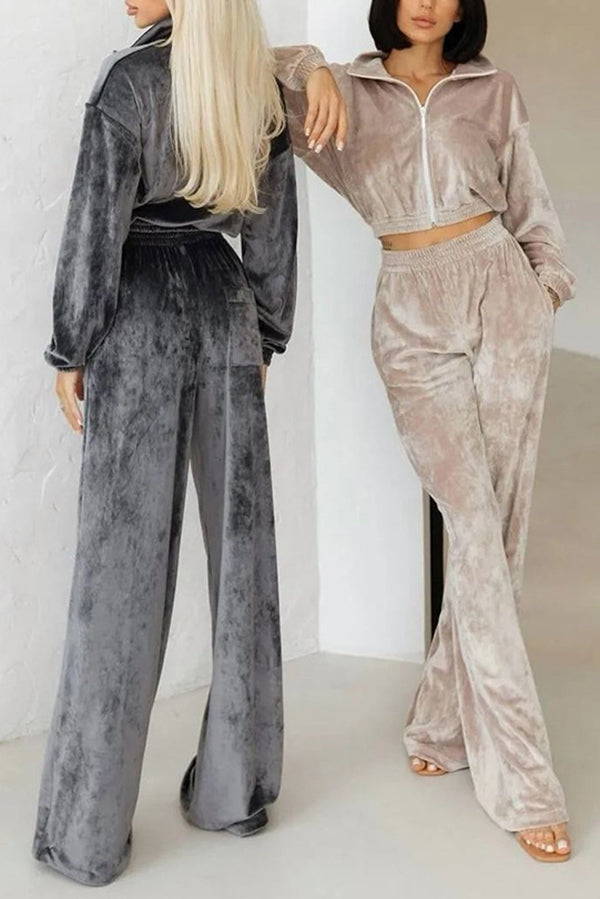 Solid Color Velvet Long-sleeved Zip-up Sweatshirt and Elastic Waist Casual Pocket Straight-leg Pants Set