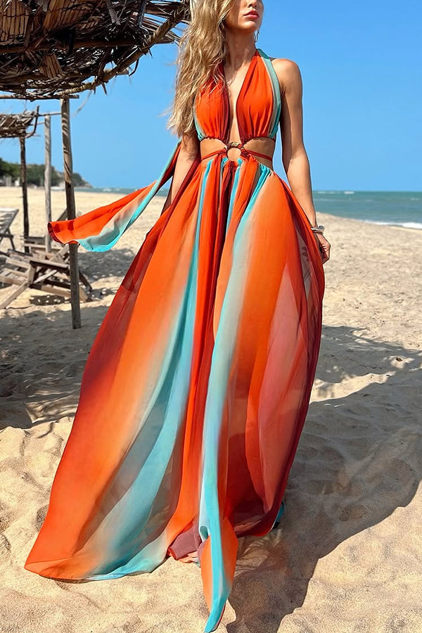 Variety of Styles Tulle Printed Ring Hollow Design Slit Vacation Maxi Dress