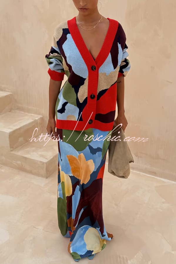 Bright and Bold Satin Abstract Color Blocks Print Elastic Waist Drape Maxi Skirt